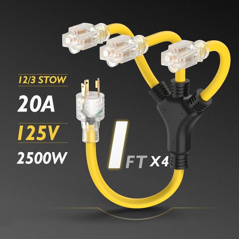 TOOLIOM 30 Amp Generator Adapter Cord Power Splitter, NEMA L5-30P to 3 x 5-15R/5-20R Household Plug, ETL Listed Generator Extension Cord 125V 3750W Stow 12AWG/3C (2 FT) - Image 2